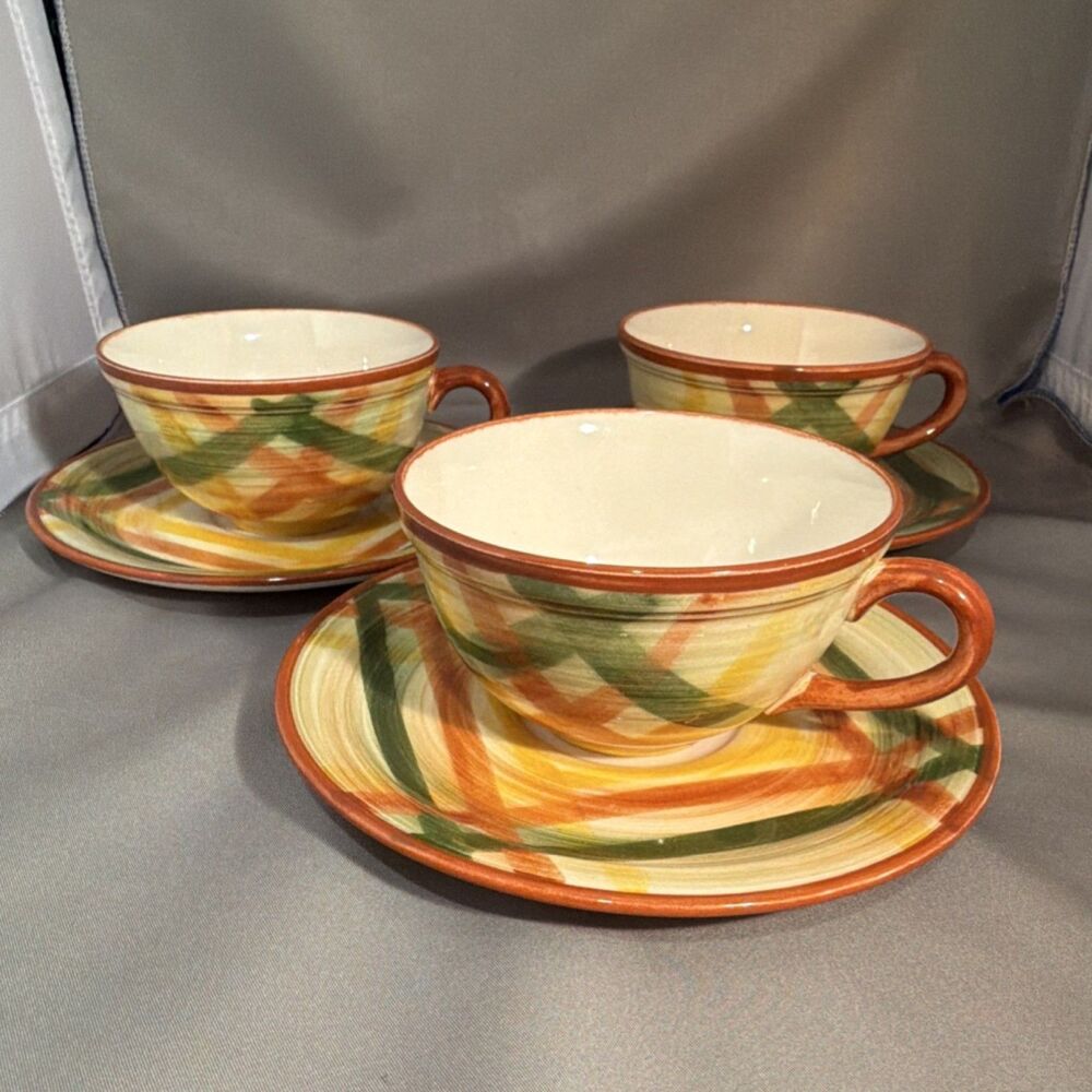 3 Sets Vernonware Homespun Cup & Saucer  MCM Plaid California Pottery Authentic